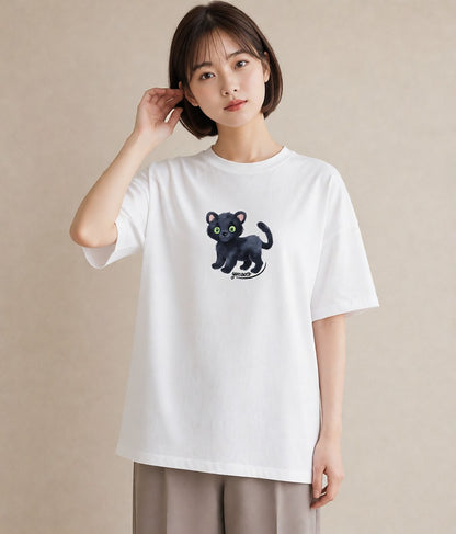 Tシャツ レディース 黒猫 猫 ねこ イラスト 可愛い 通学 誕生日プレゼント 白T