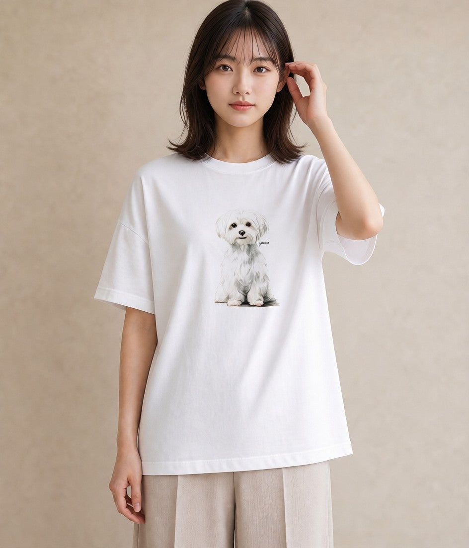 半袖Tシャツ レディース マルチーズ 犬 いぬ イラスト ニュアンス 在宅 公園 白T