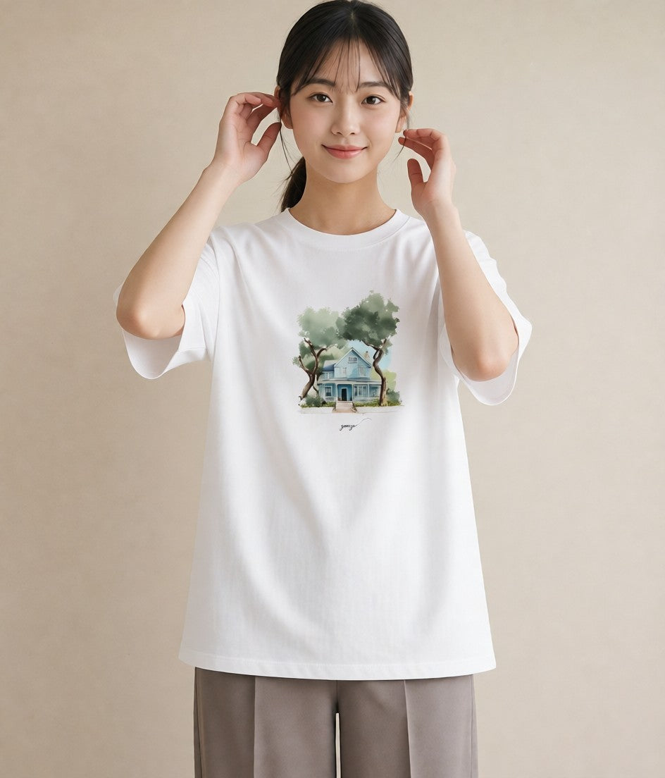 プリントTシャツ レディース 湖畔の小屋 湖 小屋 ナチュラル アンティーク イラスト アート風 ミセス 春コーデ 白T