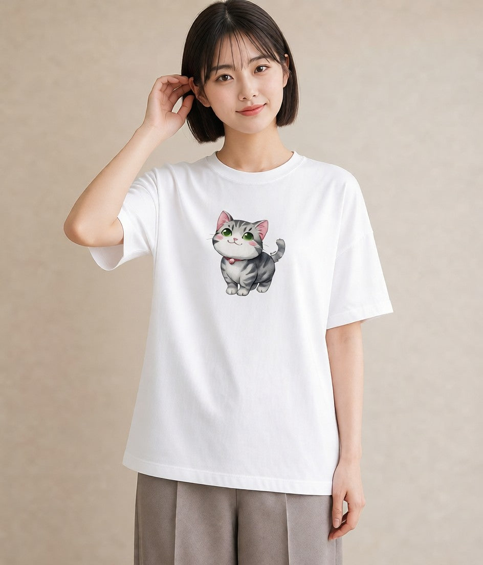 プリントTシャツ レディース マンチカン 猫 ねこ イラスト ラフカジュアル 社会人 女性 白T
