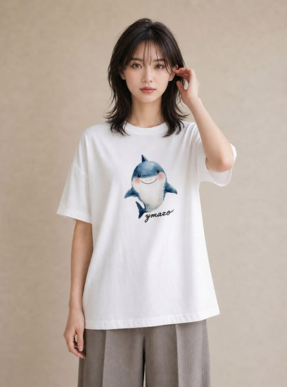 半袖Tシャツ レディース クジラ 海の生き物 海 イラスト きれいめ 買い物 夏コーデ 白T