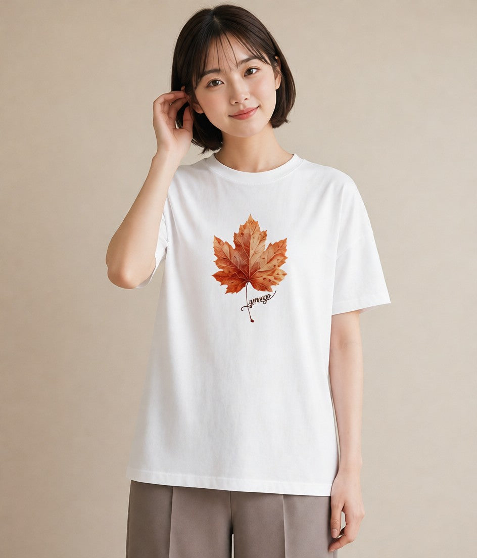グラフィックTシャツ レディース 落ち葉 植物 ボタニカル イラスト 抜け感 休日 ペアコーデ 白T