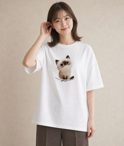 グラフィックTシャツ レディース スコティッシュフォールド 猫 ねこ イラスト シンプル ホワイトデー 春服 白T