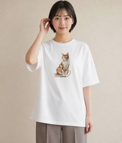 グラフィックTシャツ レディース 白猫 猫 ねこ イラスト カフェコーデ レイヤード 友達ギフト 白T