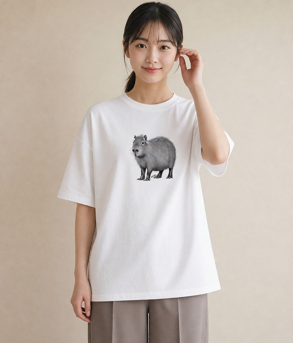 グラフィックTシャツ レディース カピバラ かぴばら 動物 アニマル イラスト 抜け感 ペアコーデ 秋コーデ 白T