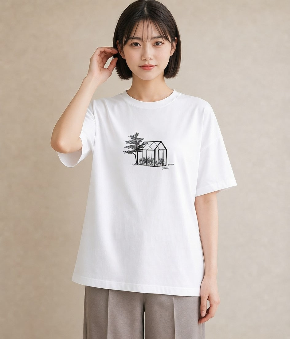 グラフィックTシャツ レディース 灯りの家 小屋 夜 ナチュラル アンティーク イラスト 水彩風 散歩 お出かけ 白T