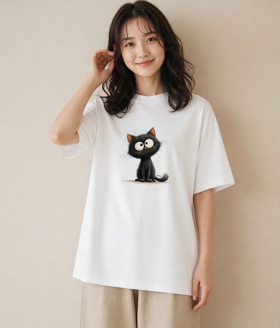 グラフィックTシャツ レディース 黒猫 猫 ねこ イラスト 20代 カジュアルコーデ 白T