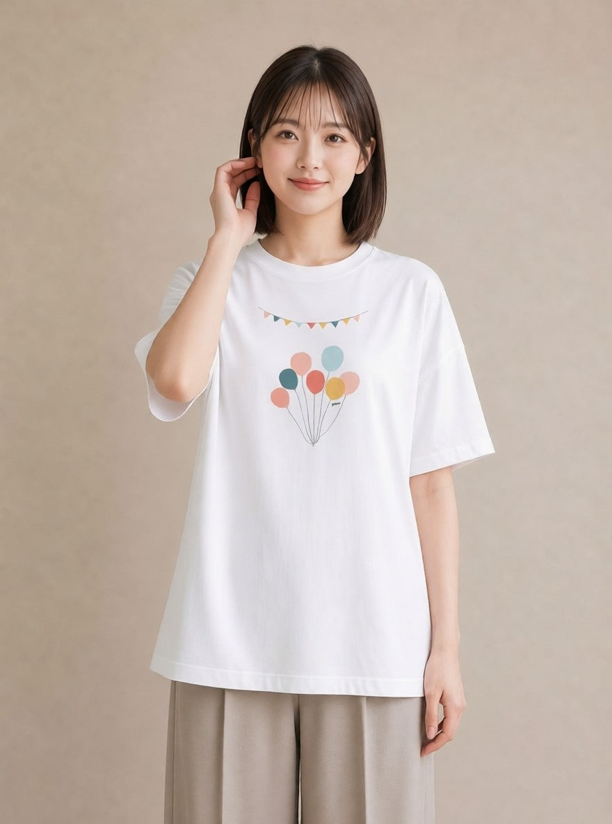 プリントTシャツ レディース 紙風船 和紙 ナチュラル アンティーク イラスト レトロ 自分用 ルームウェア 白T
