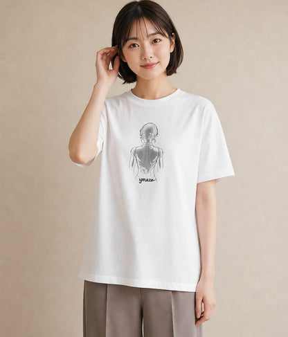 半袖Tシャツ レディース 女の子 ガール 後ろ姿 イラスト ヴィンテージ風 買い物 夏コーデ 白T