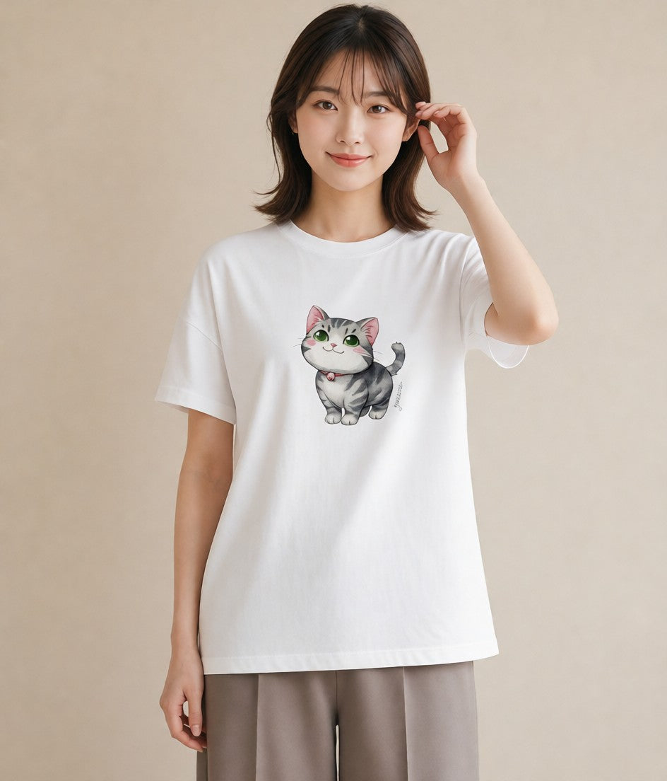 半袖Tシャツ レディース ぶち猫 猫 ねこ イラスト 上品 レイヤード 友達ギフト 白T