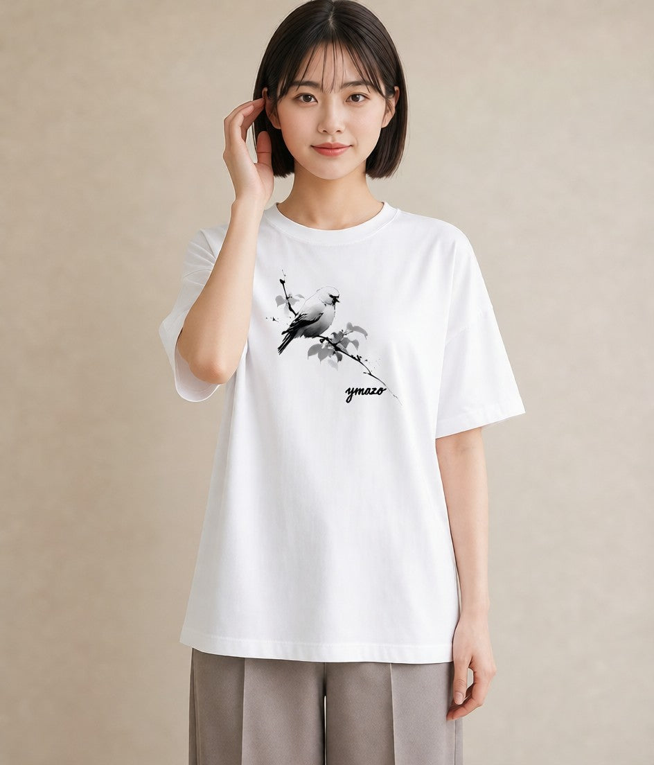 グラフィックTシャツ レディース 遠い家と鳥 風景 鳥 ナチュラル アンティーク イラスト アート風 旅行 母娘コーデ 白T
