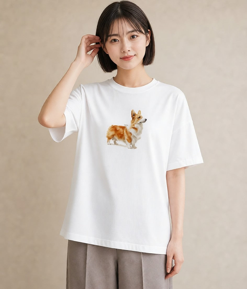 デザインTシャツ レディース ウェルシュコーギー コーギー 犬 いぬ イラスト カジュアル 秋コーデ おしゃれギフト 白T