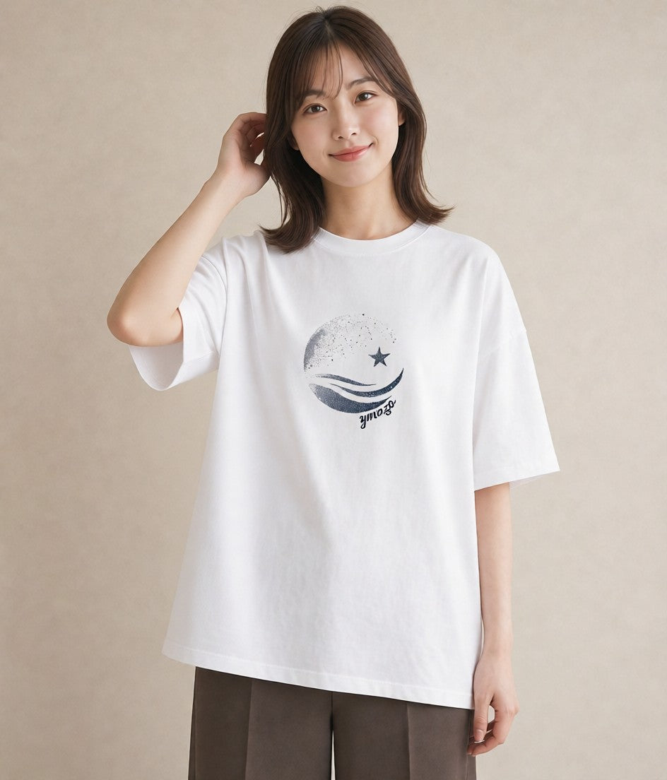 グラフィックTシャツ レディース 月と星 星空 ムーン イラスト 淡色 散歩 お出かけ 白T