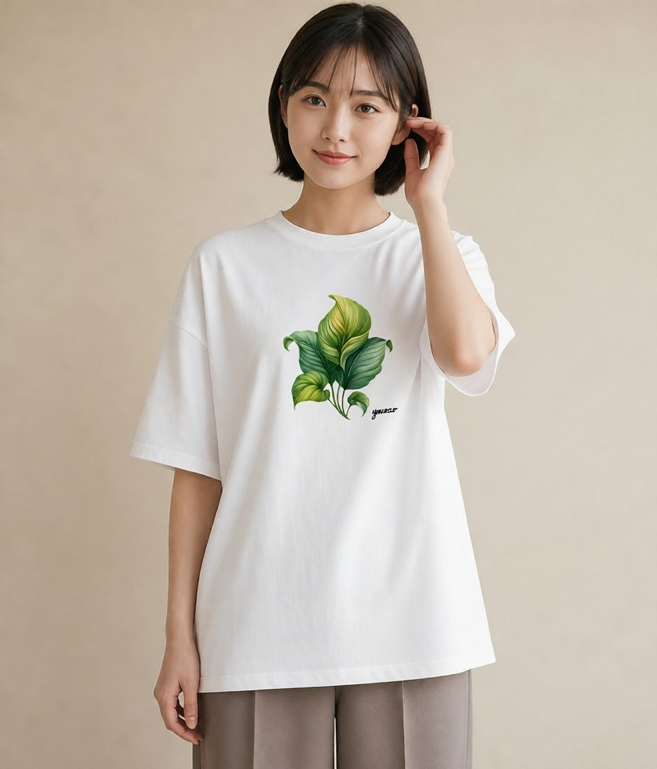 グラフィックTシャツ レディース 新緑 植物 ボタニカル イラスト ユニーク ラフ レイヤード 白T