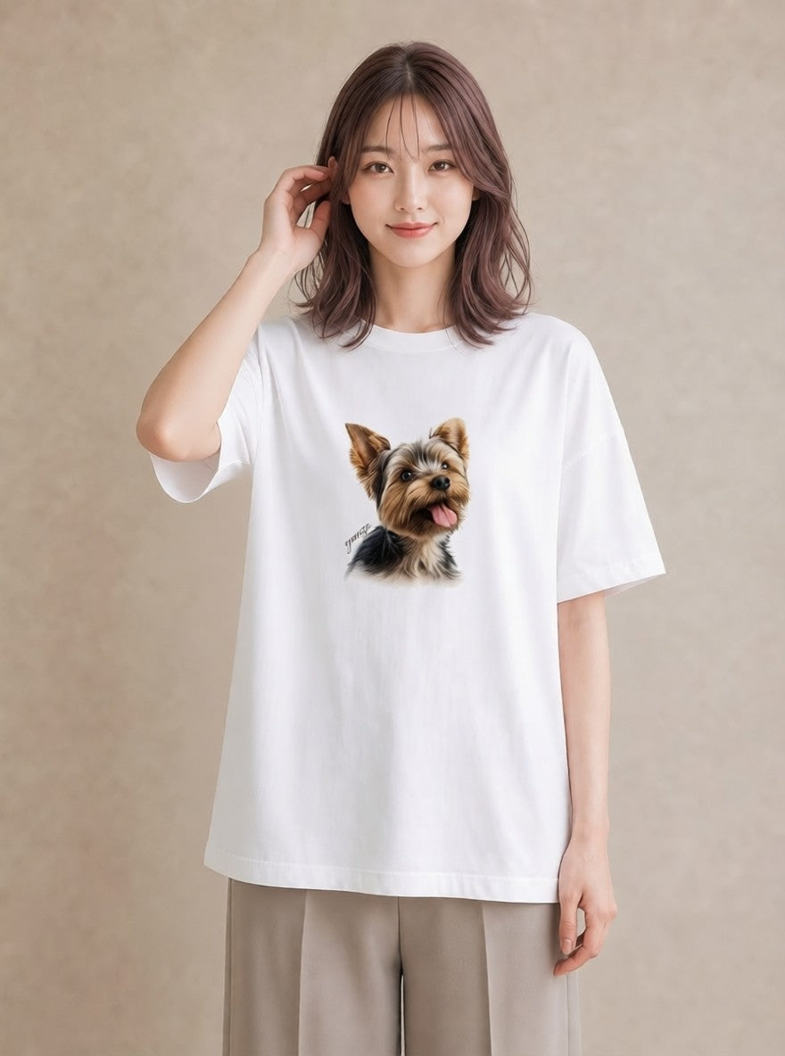 グラフィックTシャツ レディース ヨークシャーテリア 犬 いぬ イラスト 韓国風 誕生日プレゼント 綿100 白T