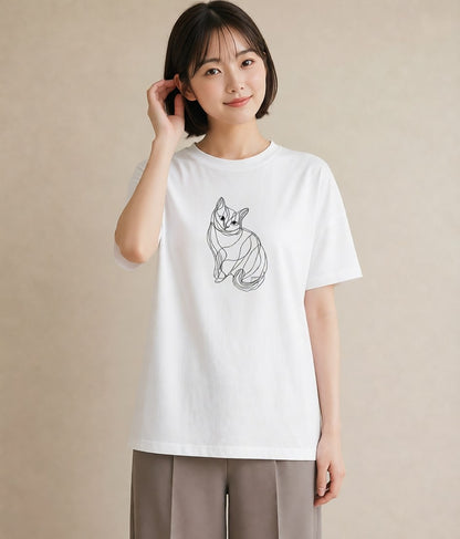 グラフィックTシャツ レディース 猫 ねこ ネコ イラスト 線画 散歩 お出かけ 白T