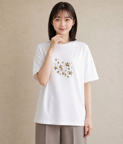 グラフィックTシャツ レディース 星 星空 宇宙 イラスト フェミニン カジュアルコーデ 買い物 白T