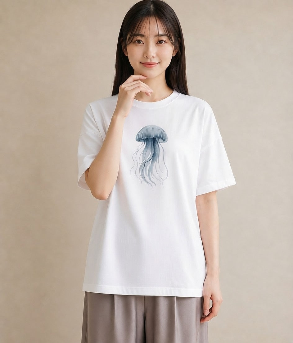 プリントTシャツ レディース イカ 海の生き物 海 イラスト 線画 在宅 公園 白T