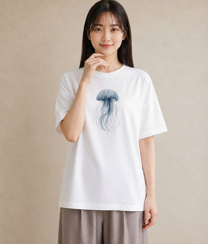 プリントTシャツ レディース イカ 海の生き物 海 イラスト 線画 在宅 公園 白T