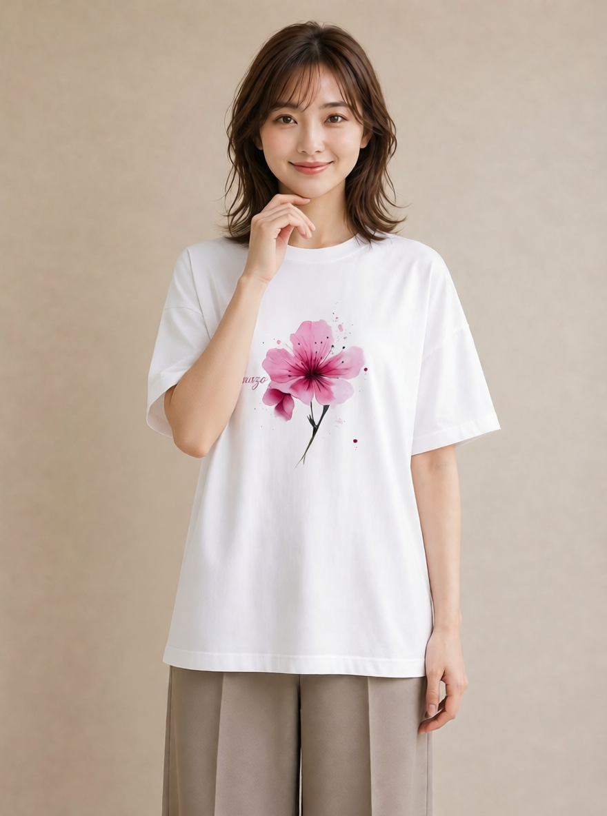 グラフィックTシャツ レディース 梅 花 花柄 イラスト 旅行コーデ 旅行用 海 白T