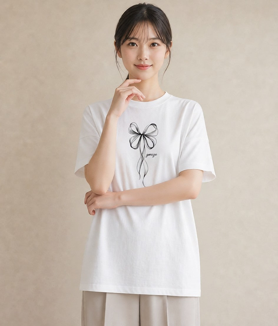 デザインTシャツ レディース リボン 蝶結び ナチュラル アンティーク イラスト ラフカジュアル 旅行用 海 白T