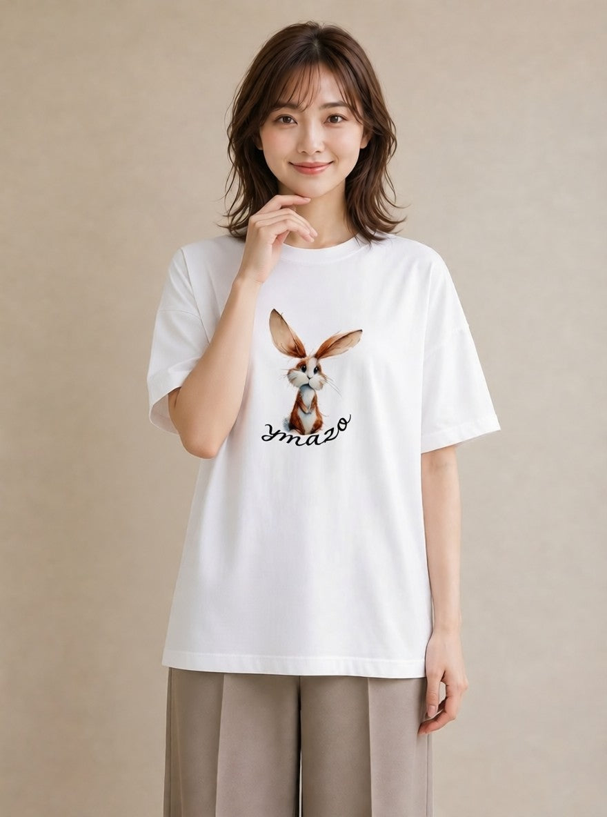Tシャツ レディース ロップイヤー ペット 動物 イラスト アート風 ビーチ デイリーウェア 白T