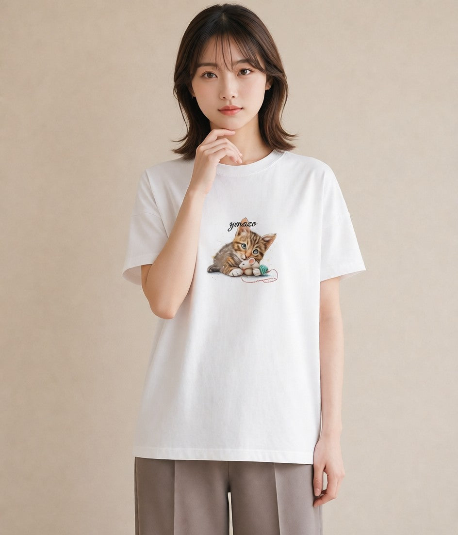 デザインTシャツ レディース 子猫 猫 ねこ イラスト 韓国風 誕生日プレゼント 綿100 白T