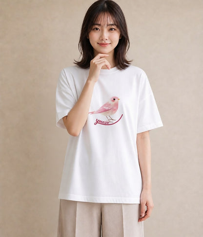 Tシャツ レディース 小鳥 ペット 動物 イラスト ガーリー ラフ レイヤード 白T