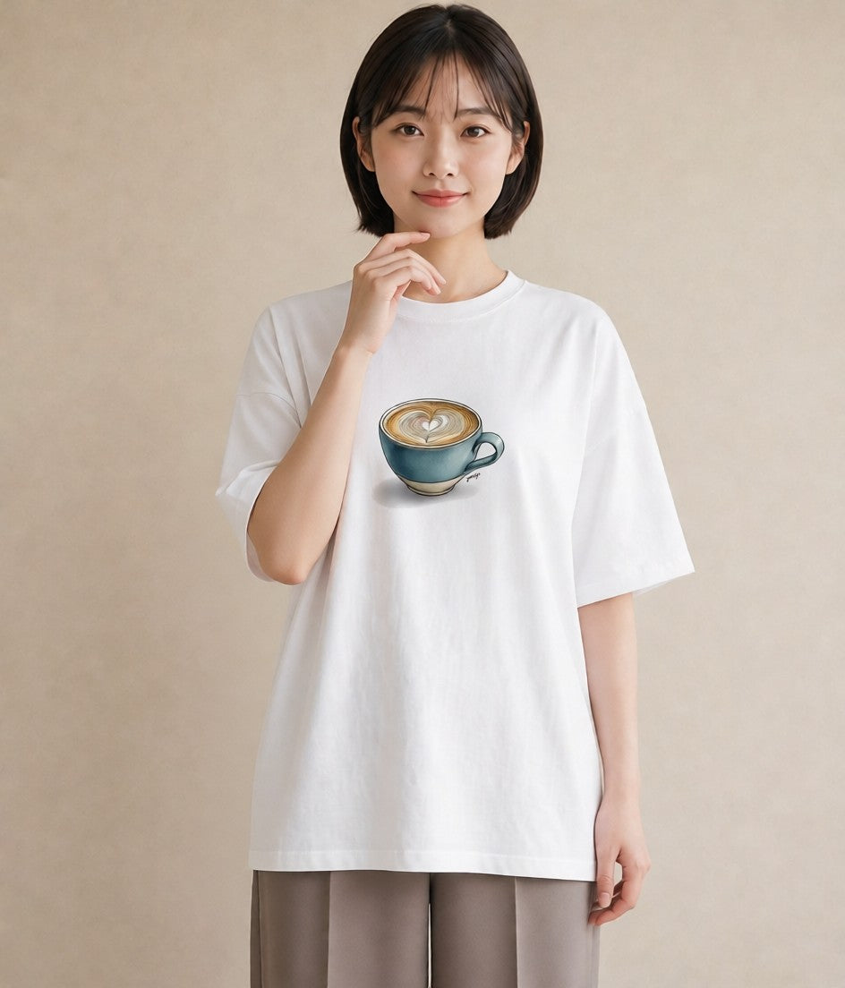 デザインTシャツ レディース カフェオレ 食べ物 フード イラスト 韓国風 海 カフェ巡り 白T
