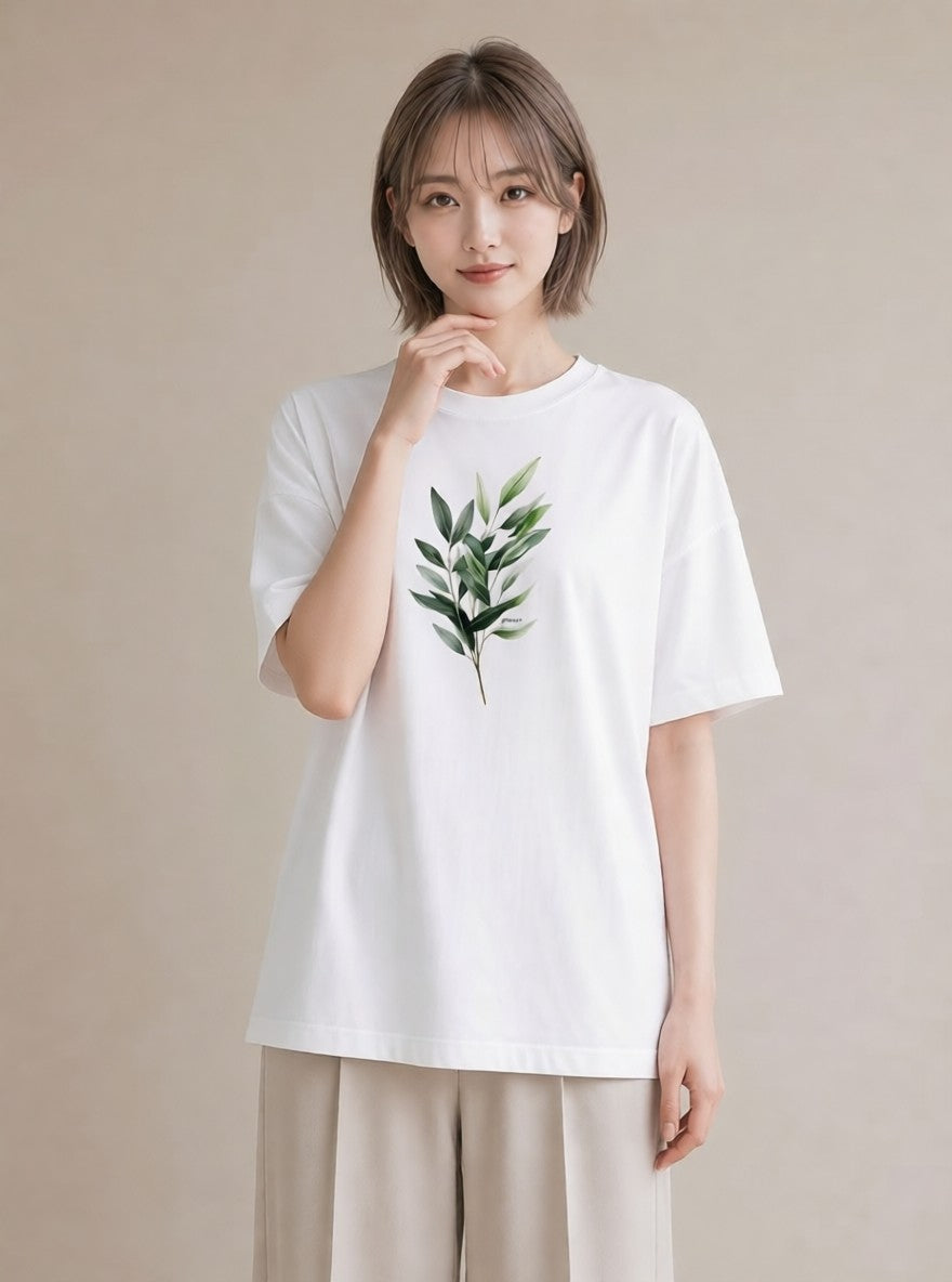 グラフィックTシャツ レディース 新緑 植物 ボタニカル イラスト 旅行コーデ 社会人 女性 白T
