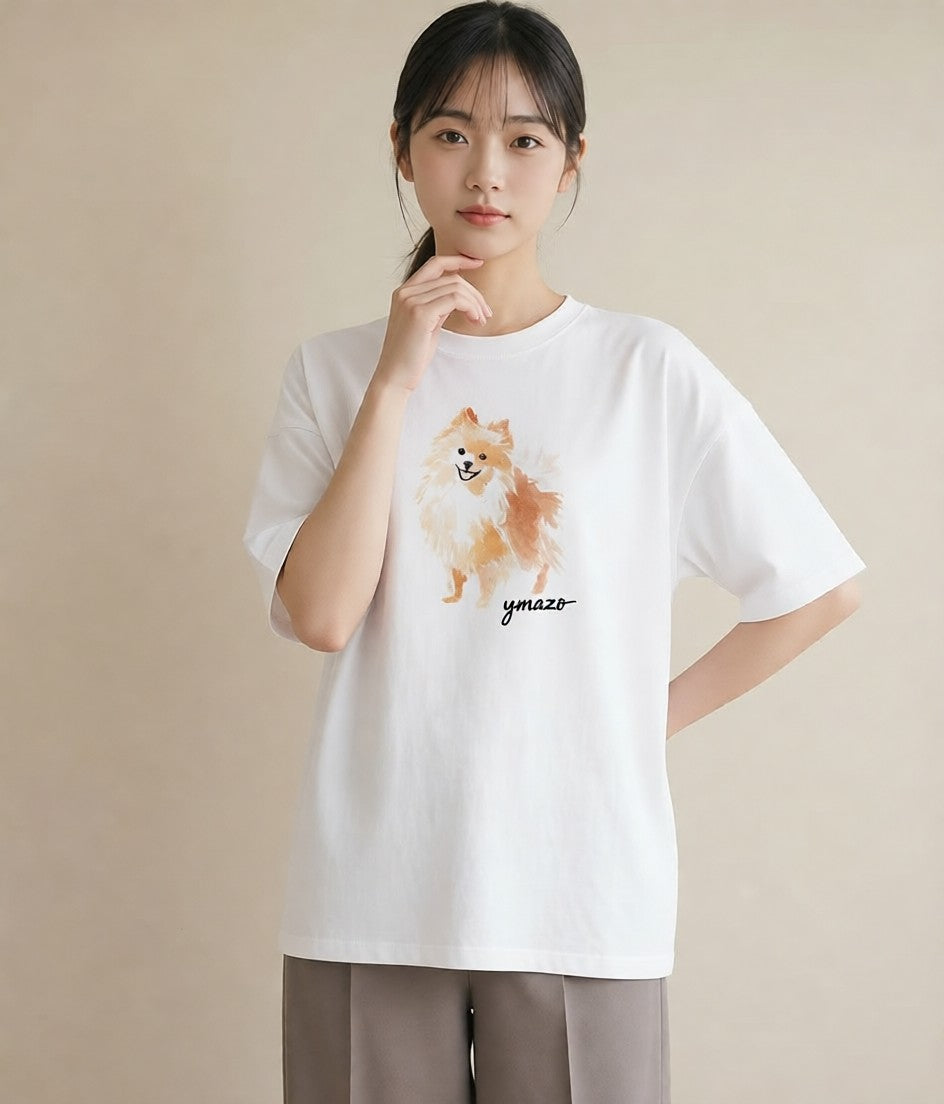 プリントTシャツ レディース ポメラニアン ポメ 犬 いぬ イラスト きれいめ 春服 ミセス 白T
