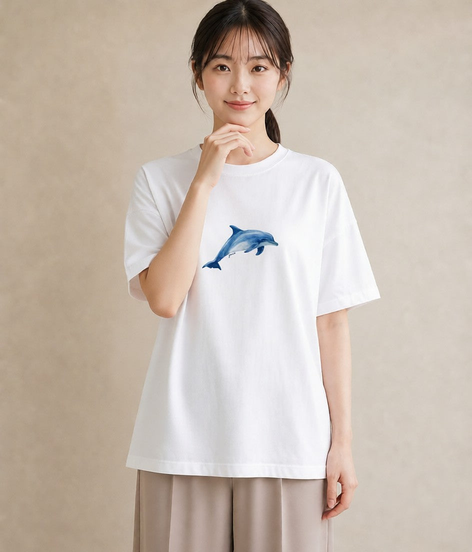 プリントTシャツ レディース シャチ 海の生き物 海 イラスト ボタニカル 春服 ミセス 白T