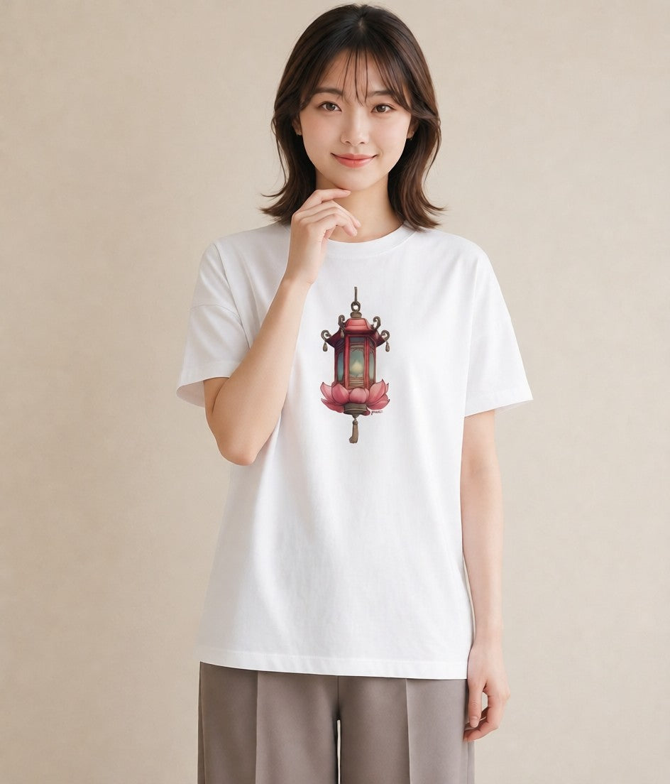半袖Tシャツ レディース 街灯 夜霧 夜 ナチュラル アンティーク イラスト シンプル ホワイトデー 春服 白T