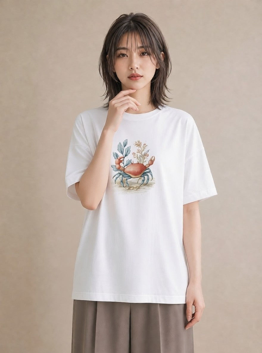 Tシャツ レディース カニ 海の生き物 海 イラスト ユニーク 女性向けギフト 散歩 白T