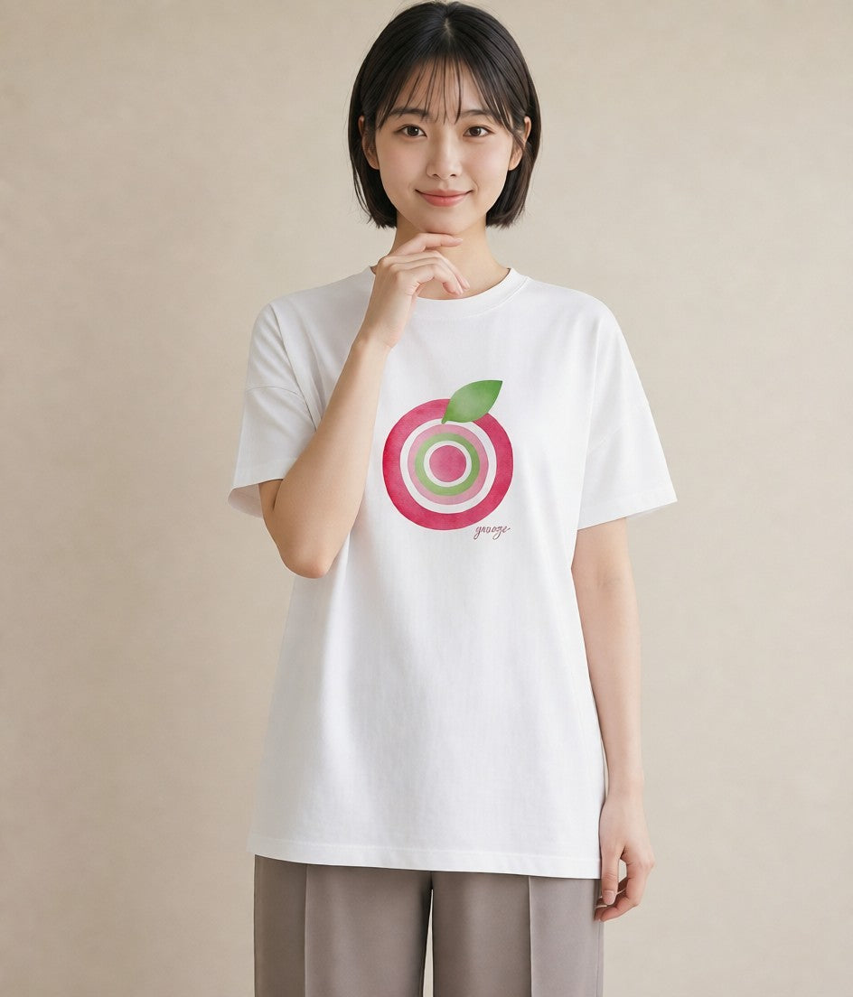 プリントTシャツ レディース りんご 林檎 アップル 食べ物 フード イラスト 韓国風 春服 ミセス 白T