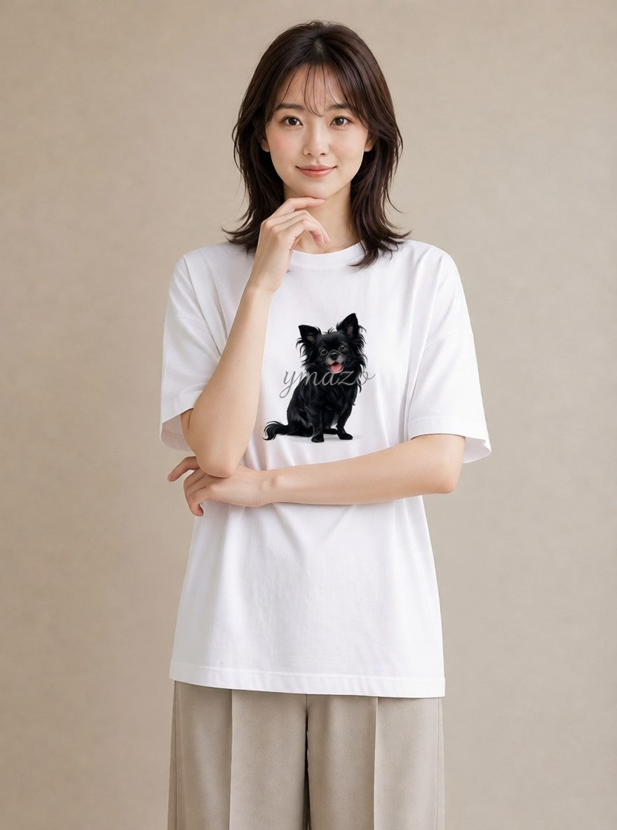 半袖Tシャツ レディース ロングコートチワワ 犬 いぬ イラスト きれいめカジュアル 春コーデ 姉妹 白T