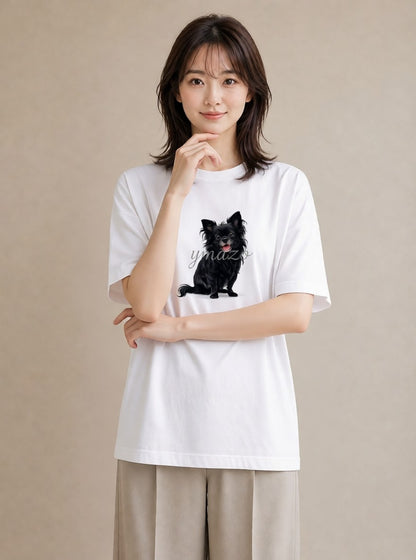 半袖Tシャツ レディース ロングコートチワワ 犬 いぬ イラスト きれいめカジュアル 春コーデ 姉妹 白T
