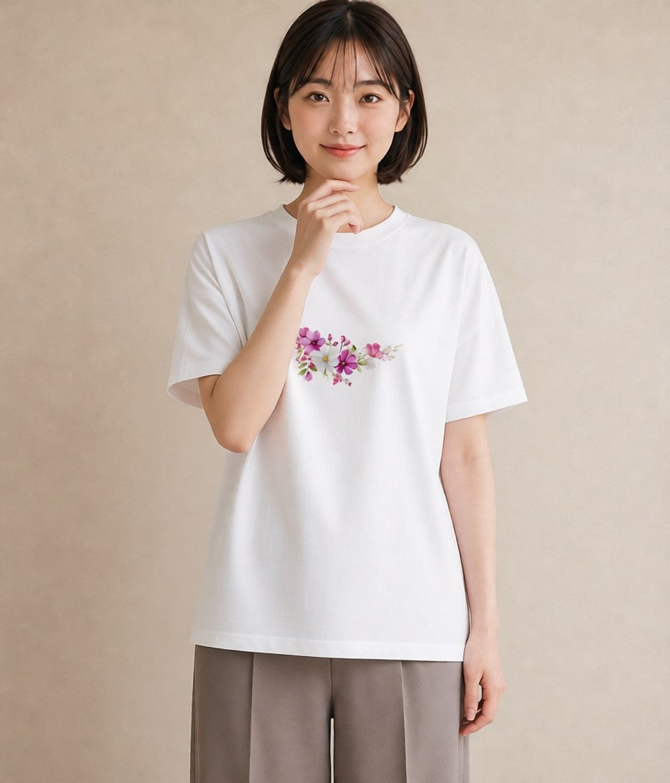 半袖Tシャツ レディース コスモス 秋桜 花 花柄 イラスト ミニマル 誕生日プレゼント 綿100 白T