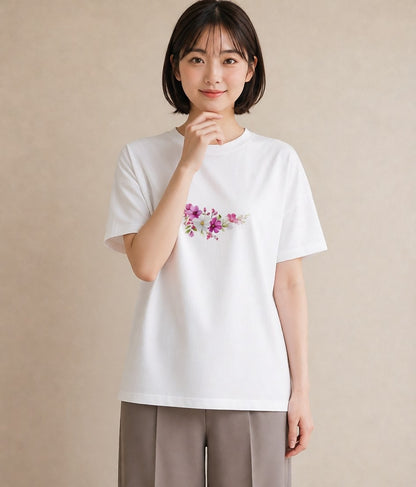 半袖Tシャツ レディース コスモス 秋桜 花 花柄 イラスト ミニマル 誕生日プレゼント 綿100 白T