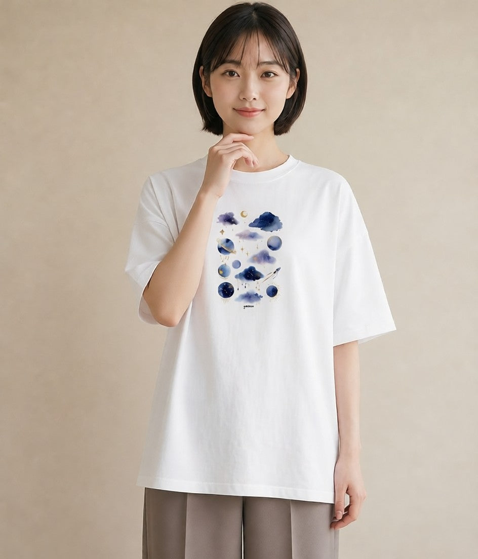 デザインTシャツ レディース 山羊座 星空 宇宙 イラスト きれいめカジュアル デート 帰省 白T