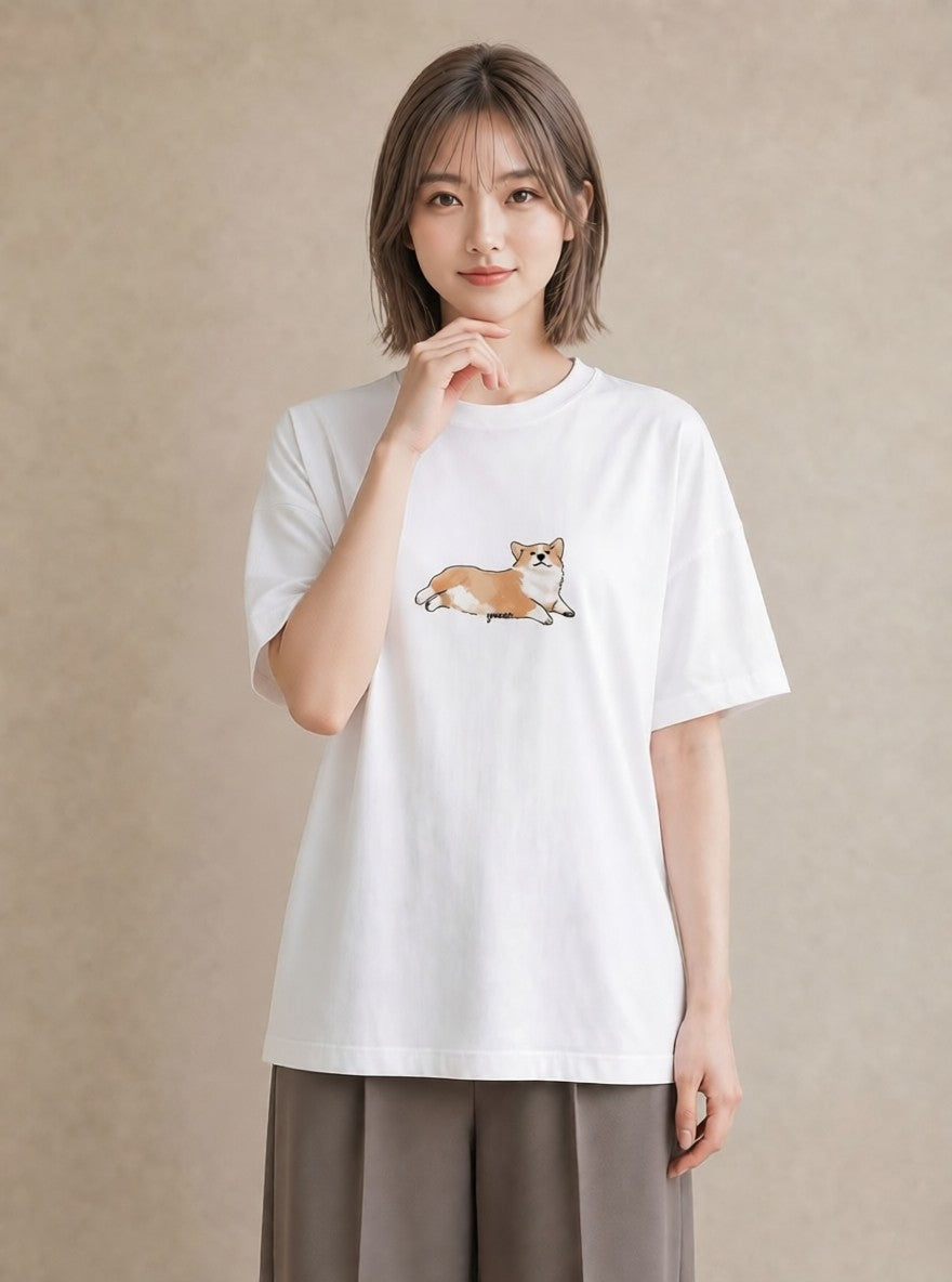 デザインTシャツ レディース ウェルシュコーギー コーギー 犬 いぬ イラスト 水彩風 在宅 公園 白T