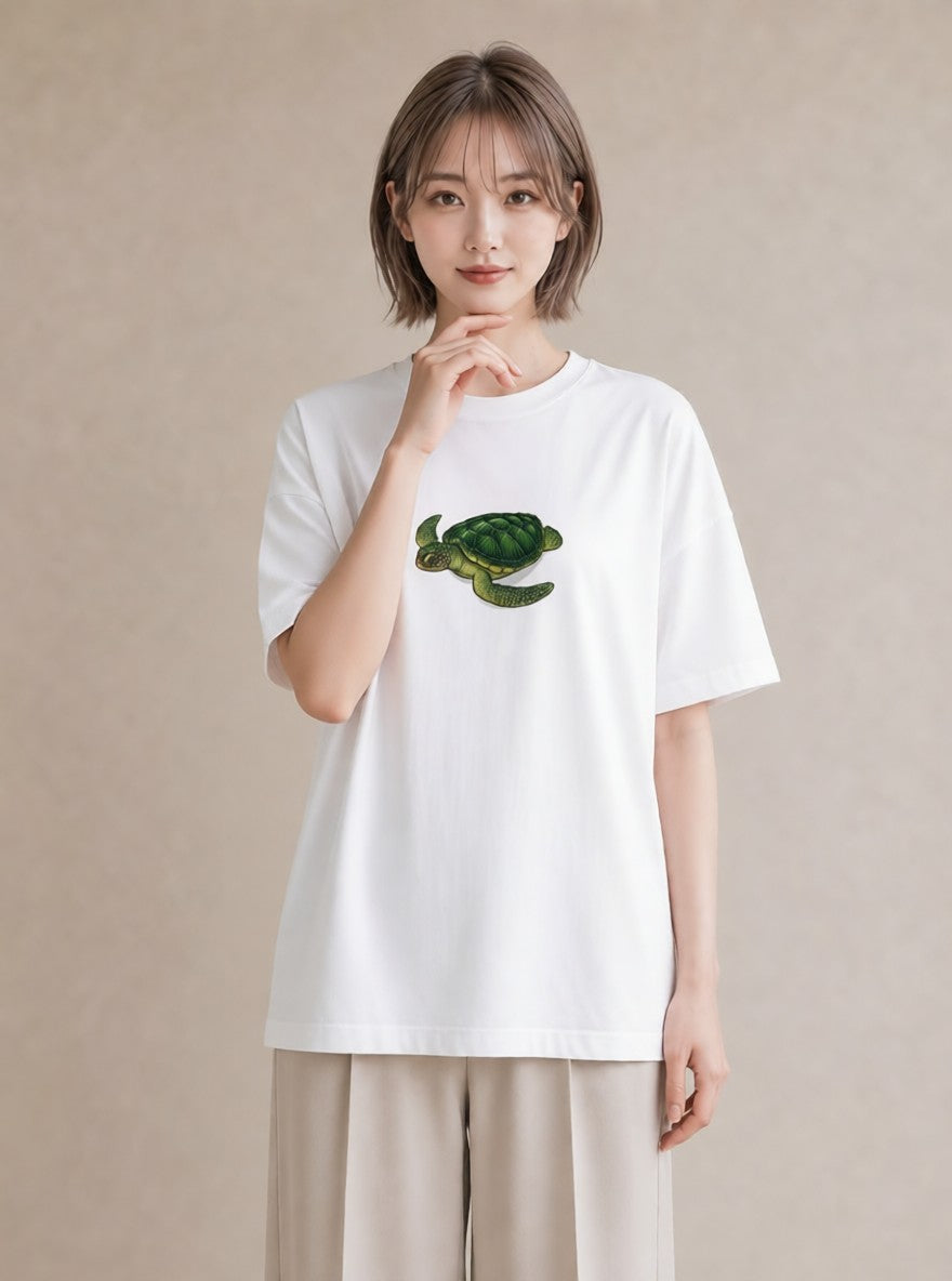 半袖Tシャツ レディース ウミガメ 海の生き物 海 イラスト ニュアンス 夏コーデ 通学 白T