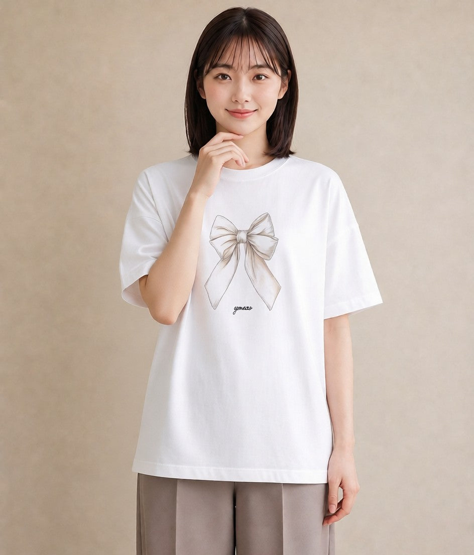 半袖Tシャツ レディース リボン ボウ りぼん イラスト ラフカジュアル 春コーデ 姉妹 白T