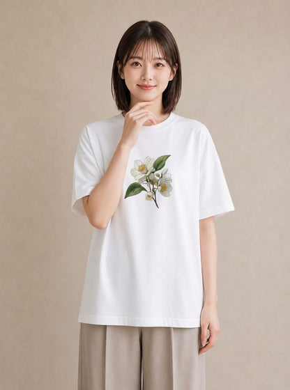 グラフィックTシャツ レディース 金木犀 花 花柄 イラスト 可愛い カジュアルコーデ 買い物 白T