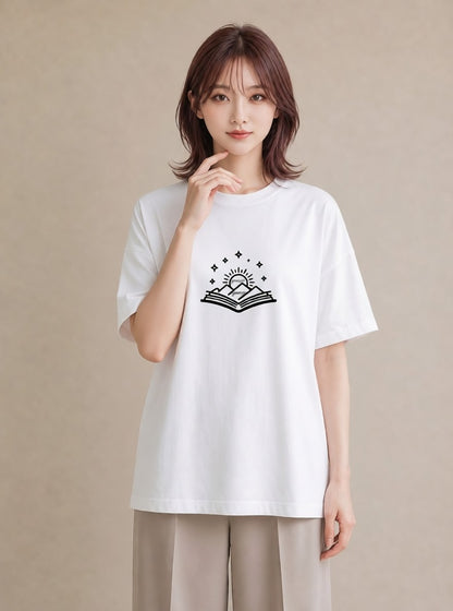 半袖Tシャツ レディース 本 読書 ブック イラスト 線画 休日 ペアコーデ 白T
