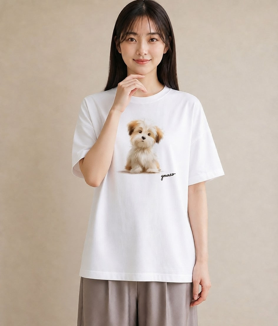 プリントTシャツ レディース 子犬 犬 いぬ イラスト ニュアンス 春服 ミセス 白T