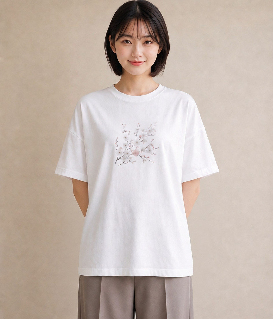 半袖Tシャツ レディース 梅 花 花柄 イラスト 普段着 週末コーデ 白T