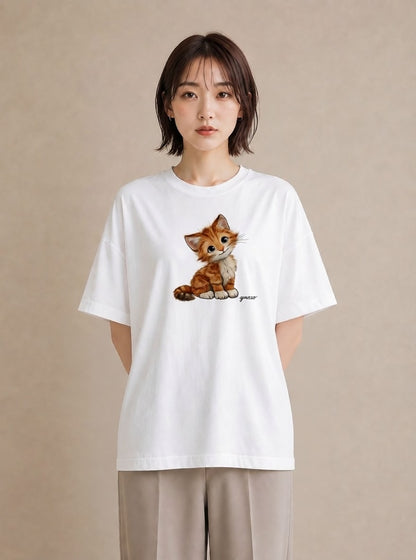 デザインTシャツ レディース 茶トラ 茶猫 猫 ねこ イラスト 北欧風 旅行用 海 白T