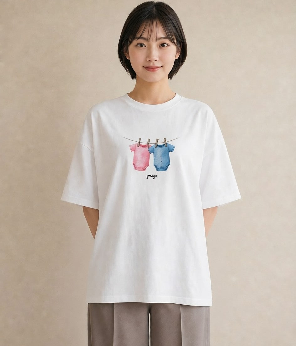 半袖Tシャツ レディース 洗濯物 風 ナチュラル アンティーク イラスト ガーリー ペアコーデ 秋コーデ 白T