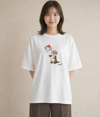 デザインTシャツ レディース カワウソ 動物 アニマル イラスト 旅行コーデ 旅行 母娘コーデ 白T
